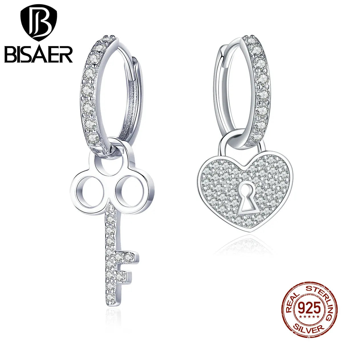 BISAER Vente chaude 925 Sterling Silver Love Heart Lock &amp; Crystal Key Shape Stud Earrings Stud Femmes Bijoux de mariage Brincos ECE577