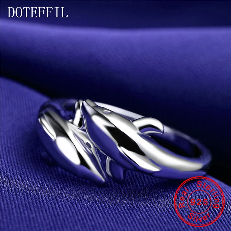 DOTEFFIL Double Dolphin 925 Sterling Silver Charm Woman Ring High Quality Brand Fashion Jewelry