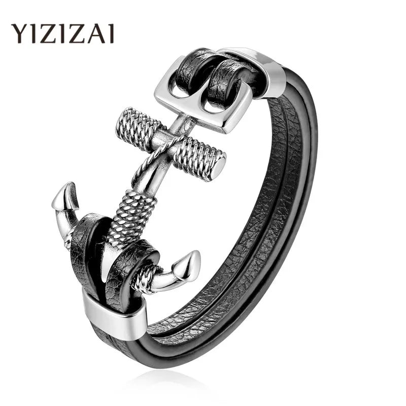 YIZIZAI Genuine Leather Anchor Bracelet Men Lion Double Wolf Shackles Stainless Steel Charm Bracelets Wristband Fashion Jewelry - Madeinsea©