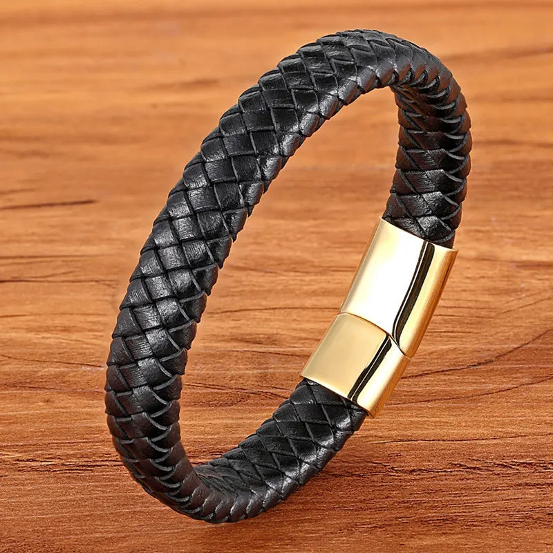 TYO Classic Top quality Stainless Steel Gold Color Magnetic Clasp Brown Woven Real Leather Bracelet Man Boys Birthday Gifts