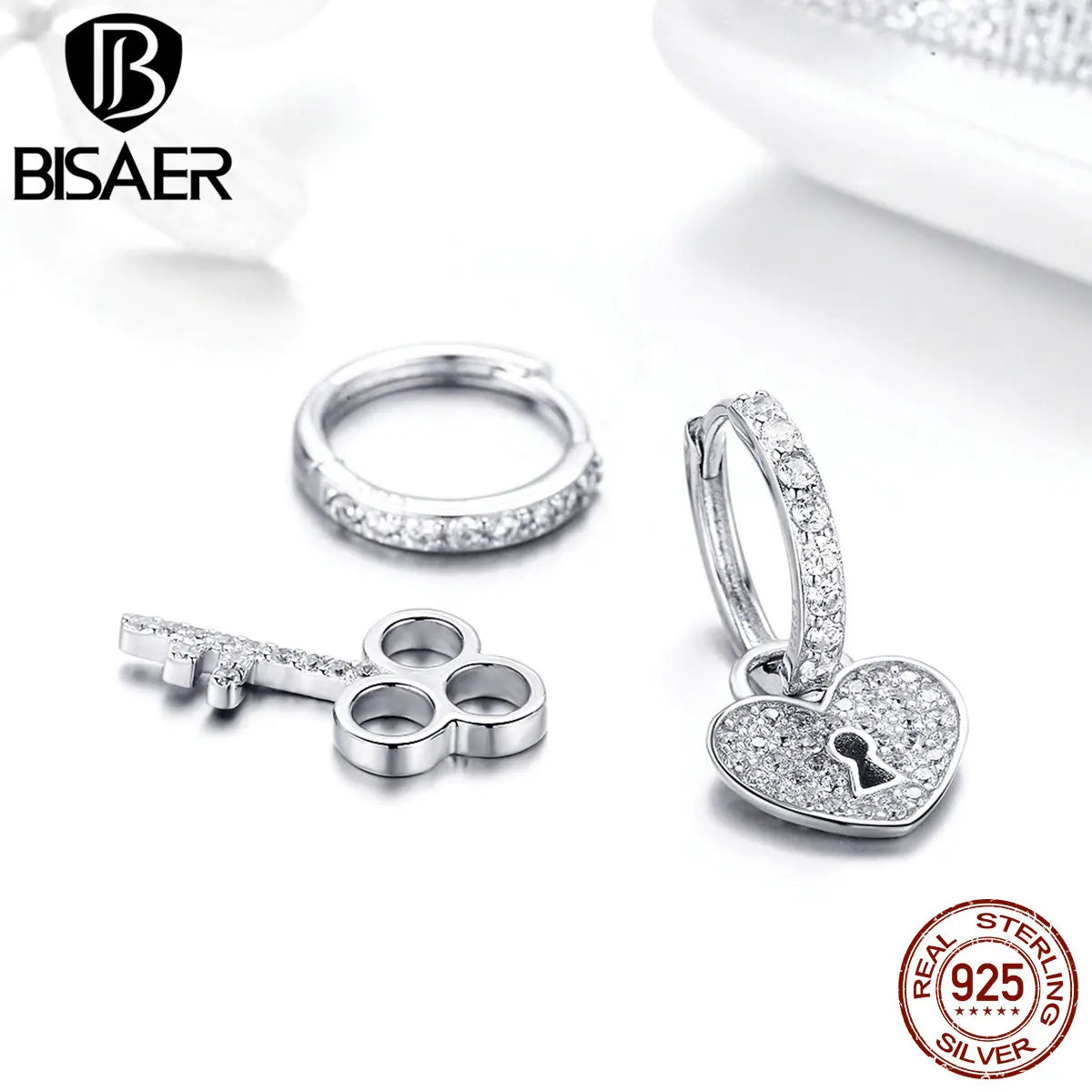 BISAER Vente chaude 925 Sterling Silver Love Heart Lock &amp; Crystal Key Shape Stud Earrings Stud Femmes Bijoux de mariage Brincos ECE577