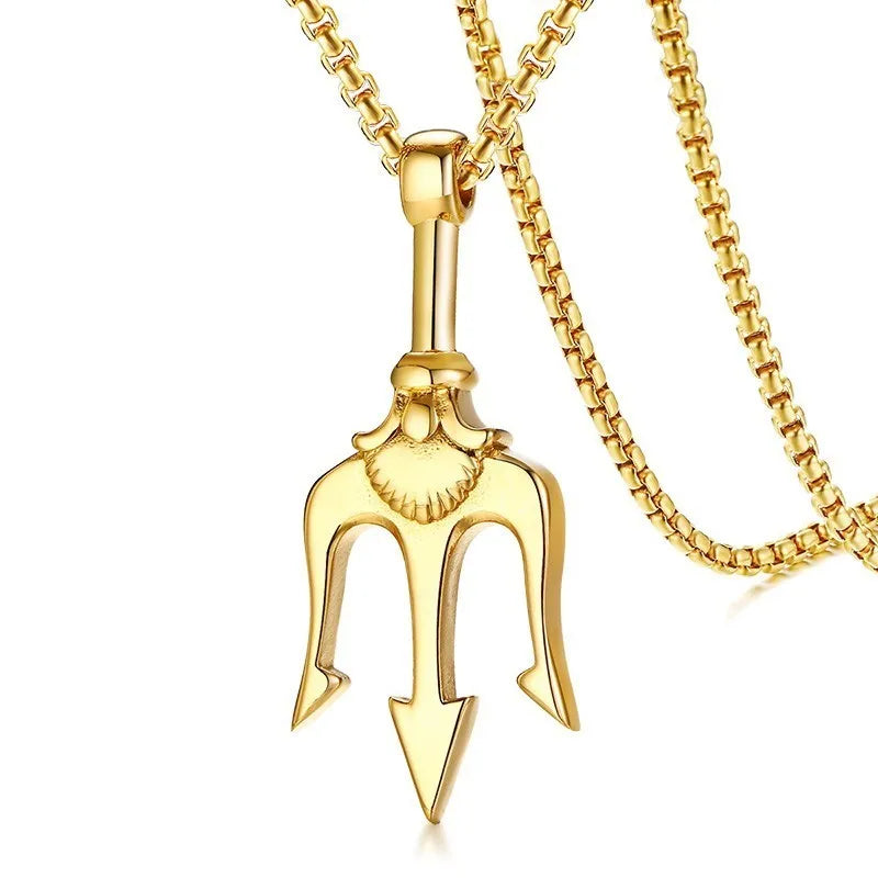 Vnox Mens Punk Trident Necklace Black Gold Color Stainless Steel Statement Pendant Gifts for Him Hip Hop Jewelry - Madeinsea©
