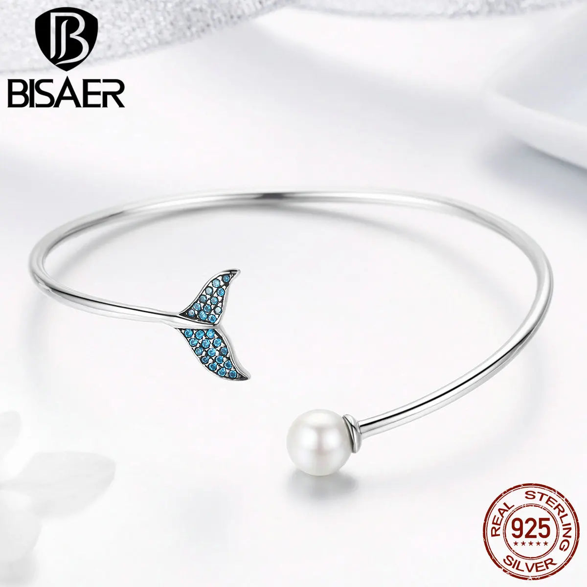 BISAER Bracelets ouverts en argent sterling 925 en forme de queue de sirène avec perles pour femmes, bijoux originaux, cadeaux de vacances