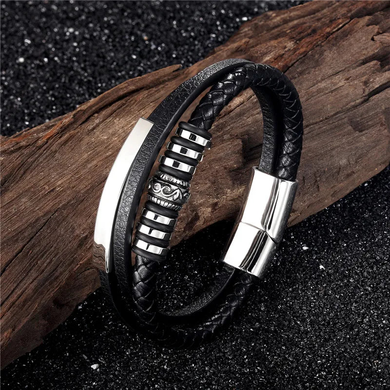 MKENDN Geometrically Irregular Graphics Stainless Steel Genuine Leather Bracelet Men Black/Brown Color Accessories Jewelry