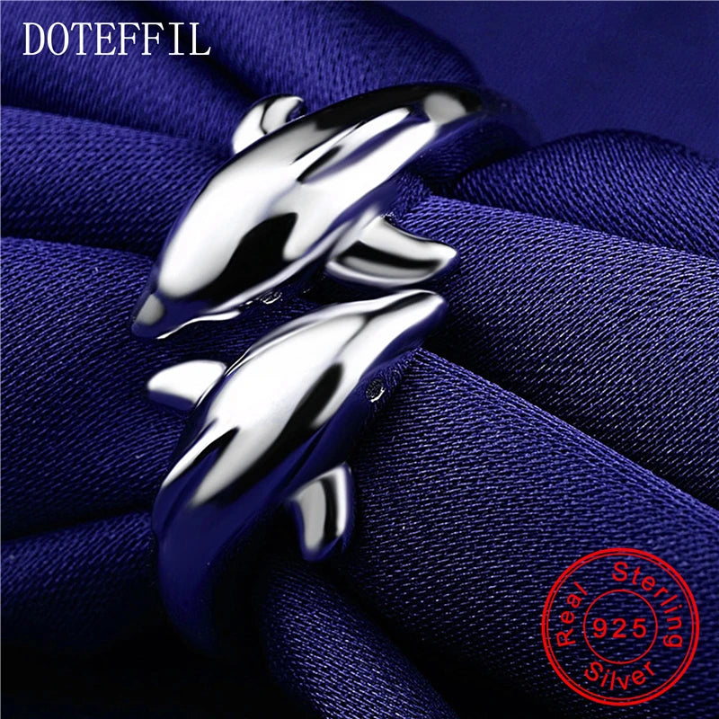 DOTEFFIL Double Dolphin 925 Sterling Silver Charm Woman Ring High Quality Brand Fashion Jewelry