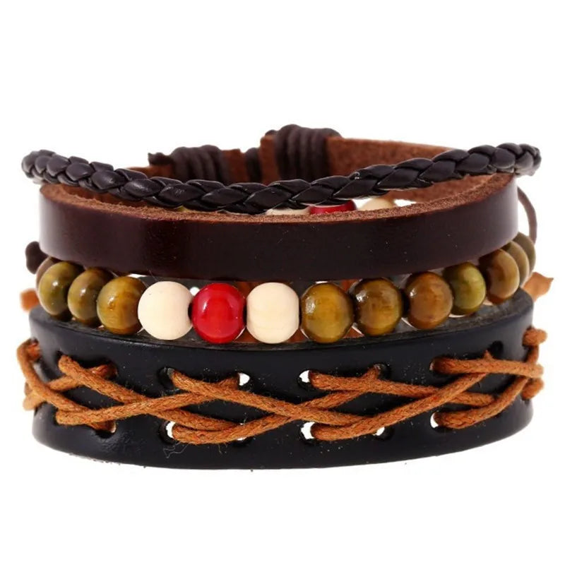 MKENDN Wholesale 4PCS/Set leather bracelet Men multi-layer bead bracelet women's retro punk casual men jewelry bracelet jewelry