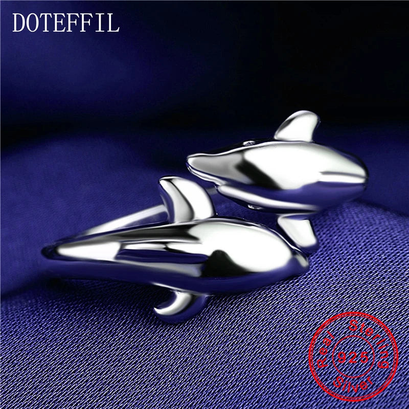 DOTEFFIL Double Dolphin 925 Sterling Silver Charm Woman Ring High Quality Brand Fashion Jewelry