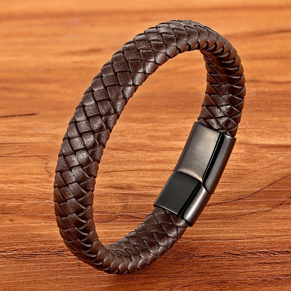 TYO Classic Top quality Stainless Steel Gold Color Magnetic Clasp Brown Woven Real Leather Bracelet Man Boys Birthday Gifts