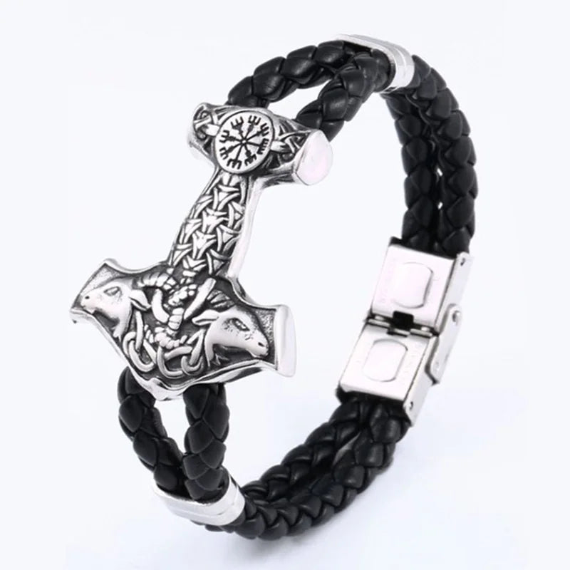 Beier 316L Stainless Steel Cowhide Bracelet Viking Scandinavian Norse Men's Bracelet Mjolnir Fashion LLBC-L033