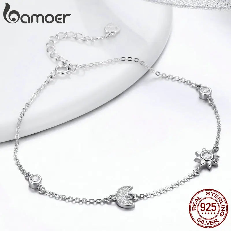 BAMOER Echtes 100% 925 Sterling Silber Karabinerverschluss Stern Und Mond Klar CZ Armband &amp; Armreifen für Frauen Silber Schmuck SCB081