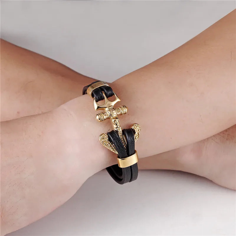 MKENDN New Arrival Mens Bracelets Angel Stainless Steel Skull Shackles Black Leather Bracelet Men Wristband Fashion Jewelry