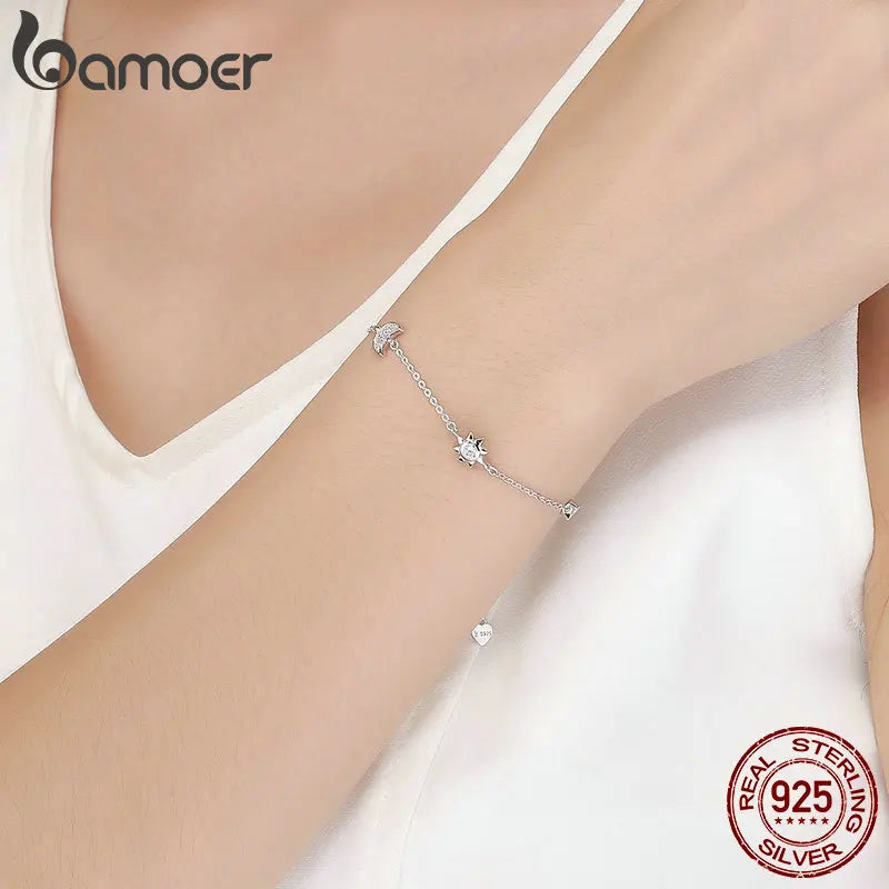 BAMOER Echtes 100% 925 Sterling Silber Karabinerverschluss Stern Und Mond Klar CZ Armband &amp; Armreifen für Frauen Silber Schmuck SCB081