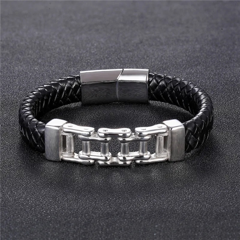 MKENDN Punk Men Stainless Steel Genuine Leather Rope Magnetic Clasp Accessories Male Charm Bracelets Wristband Rock Boyfriend