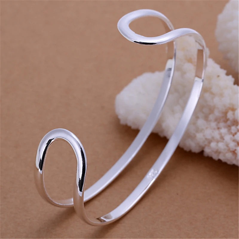 DOTEFFIL 925 Sterling Silver Double Circle Line Bangle Bracelet For Woman Wedding Engagement Fashion Charm Party Jewelry