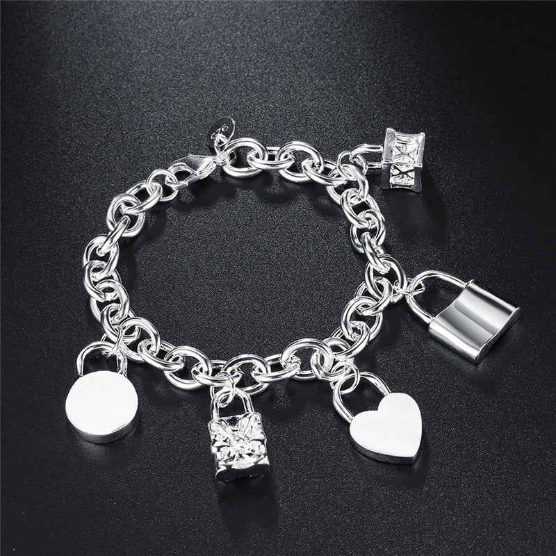 DOTEFFIL 925 Sterling Silver Bracelet Heart / Circle / Square Lock Bracelets Bangles Woman Man Fashion Charm Wedding Jewelry