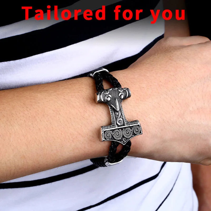 Beier 316L Stainless Steel Cowhide Bracelet Viking Scandinavian Norse Men's Bracelet Mjolnir Fashion LLBC-L033
