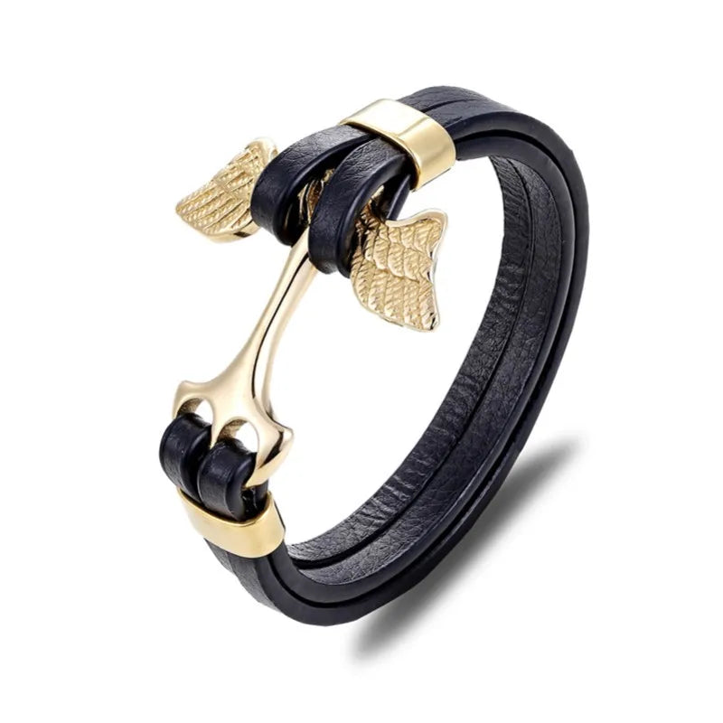 MKENDN New Arrival Mens Bracelets Angel Stainless Steel Skull Shackles Black Leather Bracelet Men Wristband Fashion Jewelry