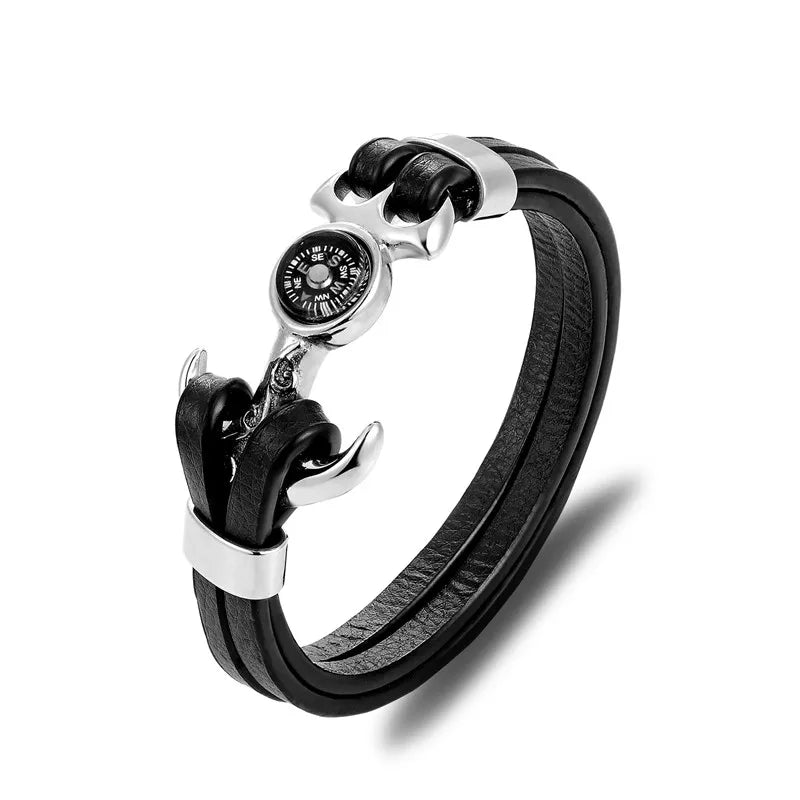 MKENDN High Quality Compass Stainless Steel Anchor Shackles Black Leather Bracelet Men Wristband Survival Sport Fashion Jewelry