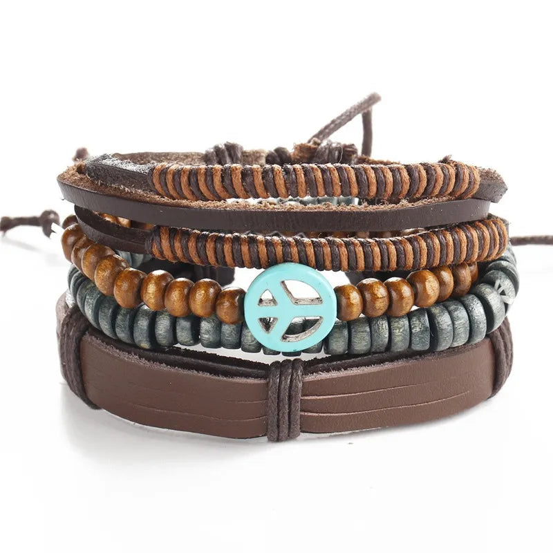 MKENDN Wholesale 4PCS/Set leather bracelet Men multi-layer bead bracelet women's retro punk casual men jewelry bracelet jewelry