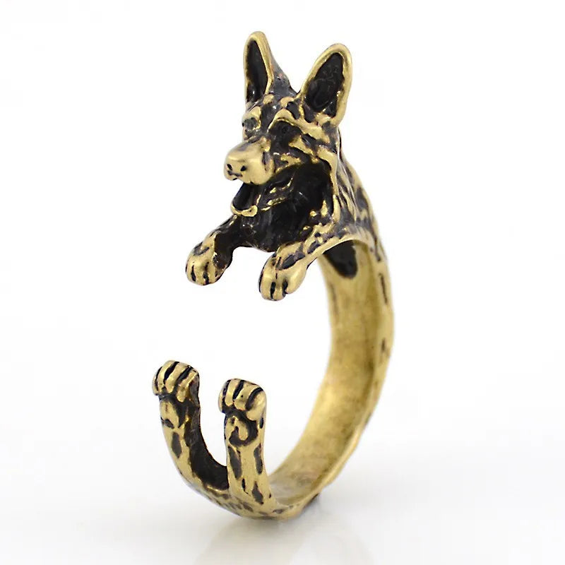 Vintage Punk Brass Knuckle German Shepherd Anel Masculino Ring Boho Dog Anillos Couple Rings For Men Women Jewelry Lovers Gift