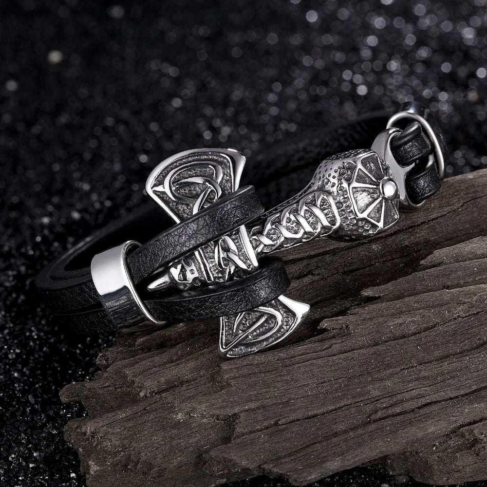 YIZIZAI Genuine Leather Anchor Bracelet Men Lion Double Wolf Shackles Stainless Steel Charm Bracelets Wristband Fashion Jewelry - Madeinsea©