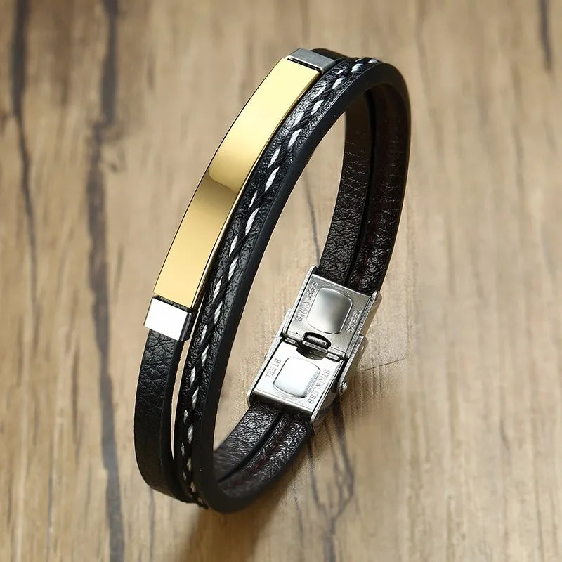 Vnox Unique Sew Lines Genuine Leather Bracelets for Men Women Stainless Steel Bar Layered Bangle Causal Pulseira - Madeinsea©