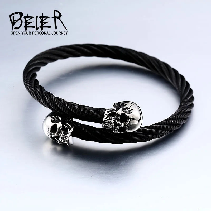 Beier new store 316L Stainless Steel Bangles high quality for women and men double skull PUNK Bangles fashion jewelry LLBRG-012G - Madeinsea©