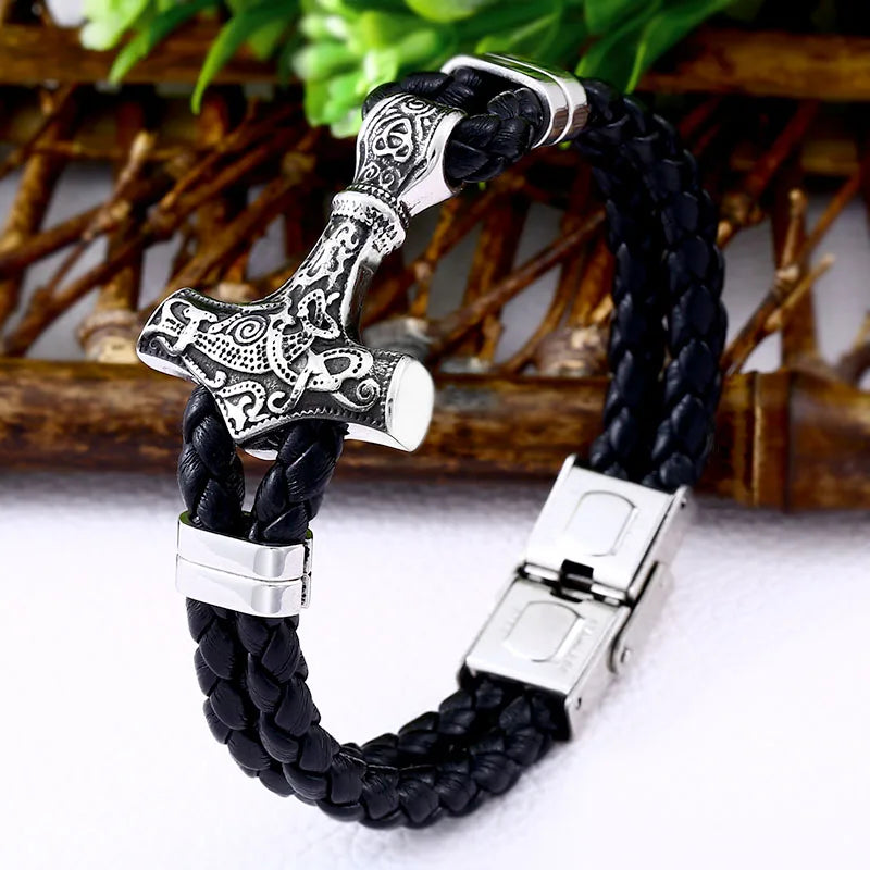 Beier 316L Stainless Steel Cowhide Bracelet Viking Scandinavian Norse Men's Bracelet Mjolnir Fashion LLBC-L033