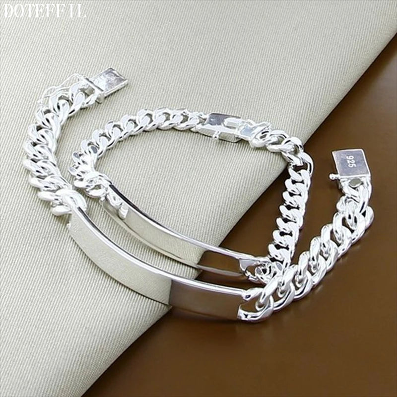 DOTEFFIL 925 Sterling Silver 2pcs Bracelet 10mm Smooth Sideways Chain For Men Women Wedding Engagement Party Jewelry - Madeinsea©