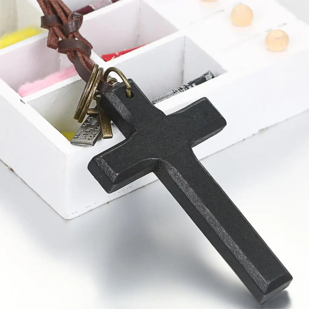Vintage Wooden Cross / Crucifix Necklace for Men and Women with Adjustable Rope