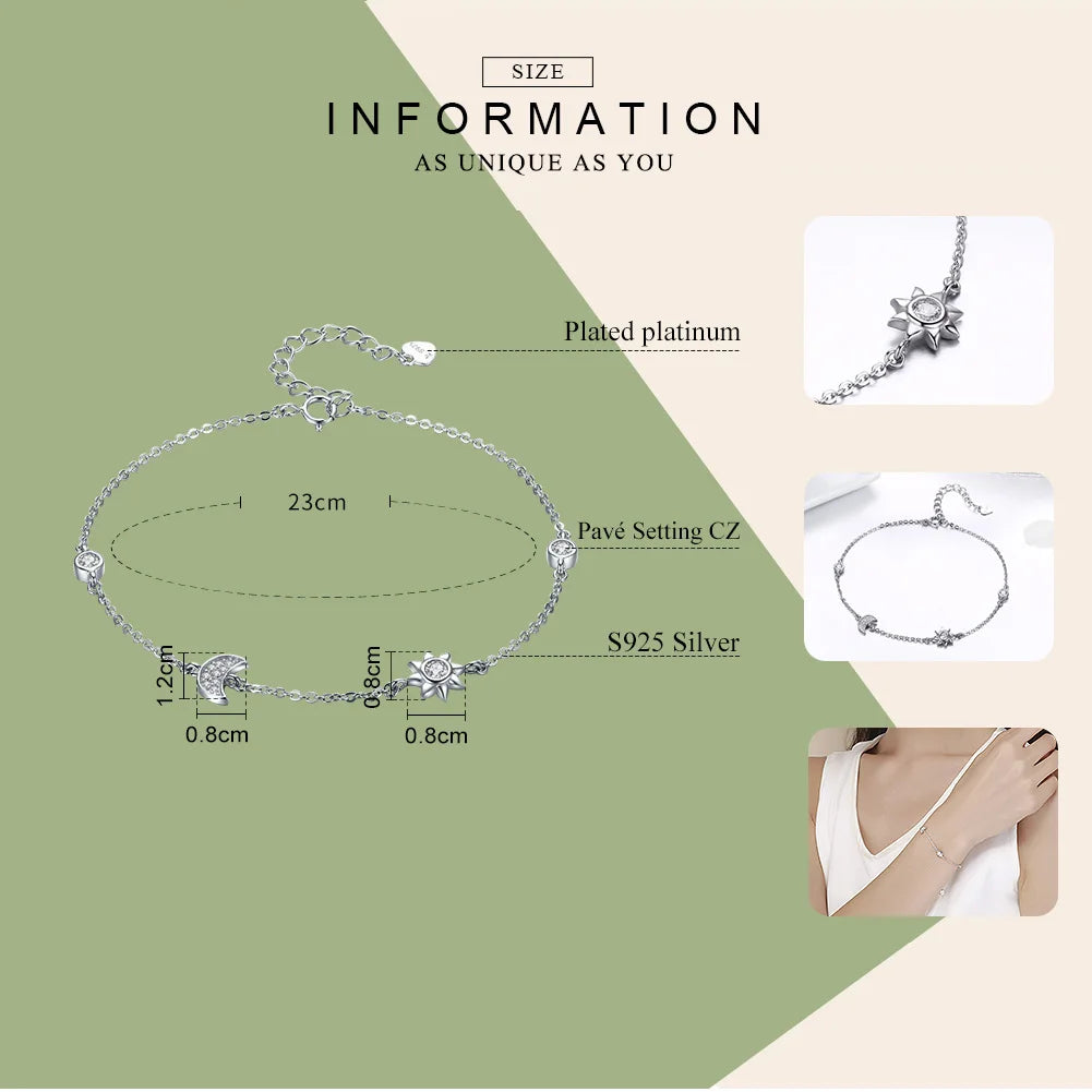 BAMOER Echtes 100% 925 Sterling Silber Karabinerverschluss Stern Und Mond Klar CZ Armband &amp; Armreifen für Frauen Silber Schmuck SCB081