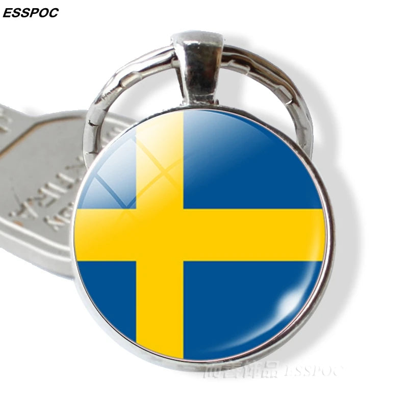 Nordic Europe Countries Flag Key Chain Iceland Danish Finland Norway Sweden Flag Glass Cabochon Pendant Fashion Accessories Gift