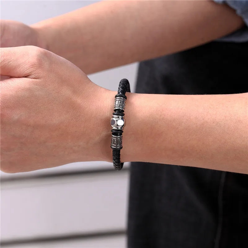 MKENDN Traditional Tibetan Buddhism Men Multilayer Braided Leather Bracelet Stainless Steel OM Magnetic Clasp Fashion Jewelry