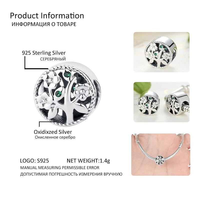 BISAER 100% 925 Sterling Silver Tree Of Life Charms Beads Life Family Fit Women Original DIY Bracelet Necklace Fine Jewelry Gift