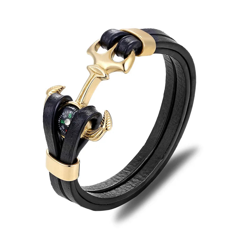 MKENDN High Quality Compass Stainless Steel Anchor Shackles Black Leather Bracelet Men Wristband Survival Sport Fashion Jewelry