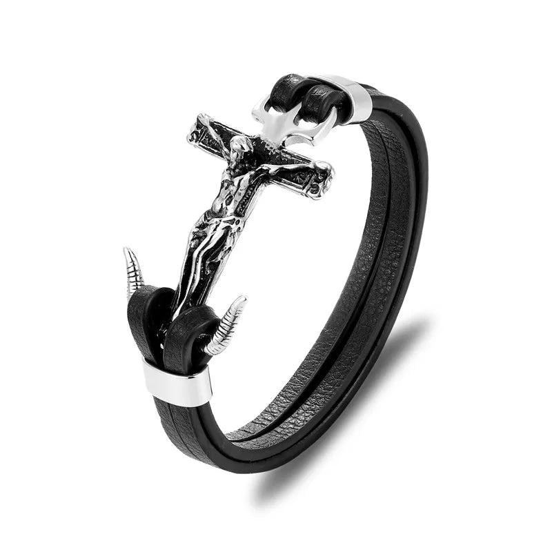 MKENDN New Arrival Mens Bracelets Angel Stainless Steel Skull Shackles Black Leather Bracelet Men Wristband Fashion Jewelry