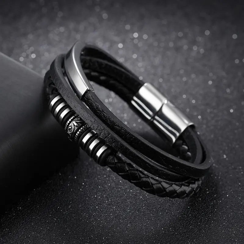 Jiayiqi Men Jewelry Genuine Leather Bracelets Fashion New Stainless Steel Magnetic Clasp Punk Black Brown Rope Brangle for Gifts