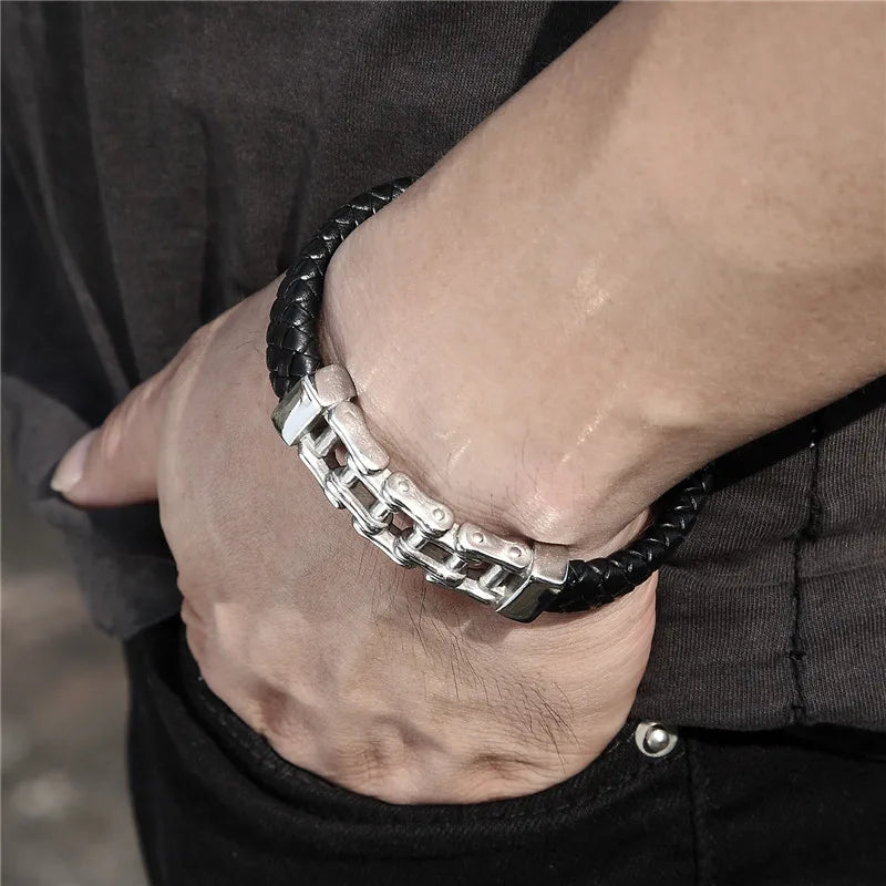 MKENDN Punk Men Stainless Steel Genuine Leather Rope Magnetic Clasp Accessories Male Charm Bracelets Wristband Rock Boyfriend