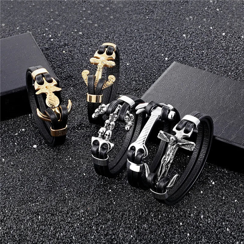 MKENDN New Arrival Mens Bracelets Angel Stainless Steel Skull Shackles Black Leather Bracelet Men Wristband Fashion Jewelry