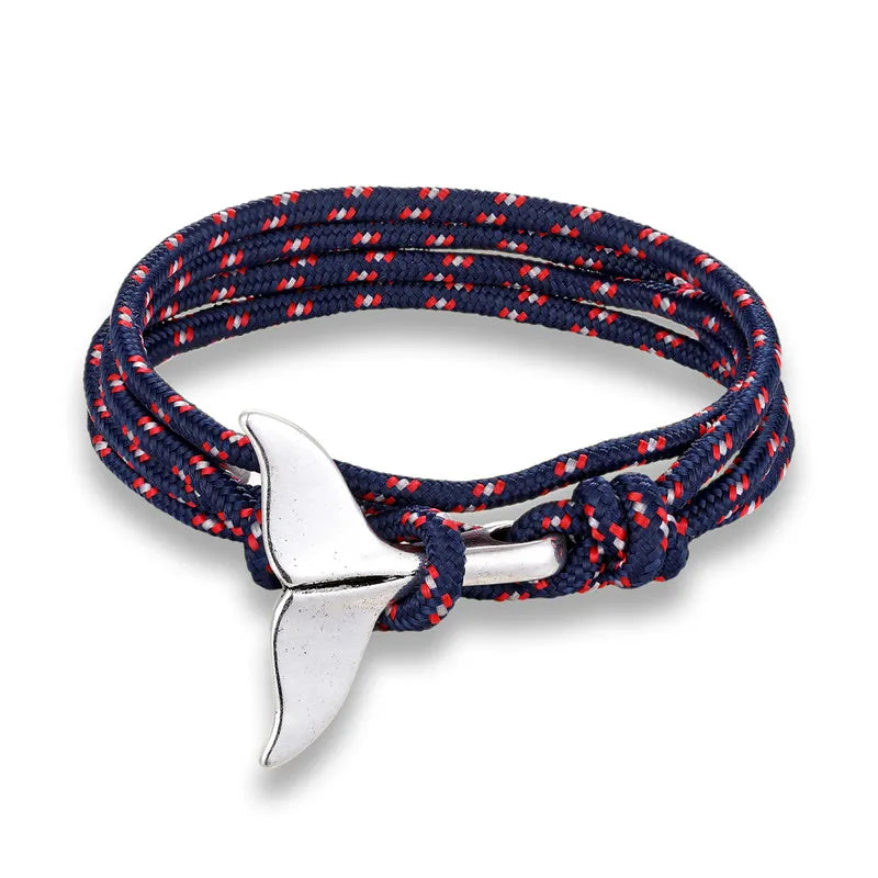 MKENDN Fashion Whale Tail Bracelets Men Women Charm Nautical Survival Multilayers Rope Chain Paracord Bracelet Wrap Metal Hooks