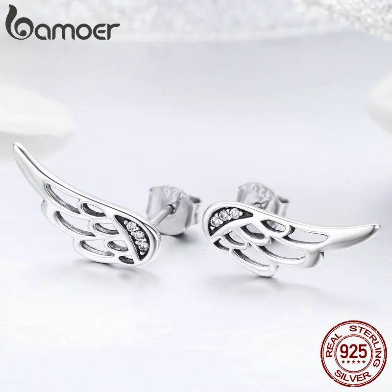 Genuine 925 Sterling Silver Feather Fairy Wings Stud Earrings Silver for Women Fashion Silver Jewelry Christmas SCE343 - Madeinsea©