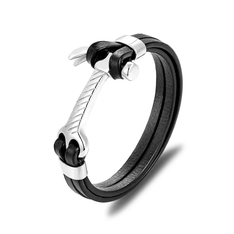 MKENDN New Arrival Mens Bracelets Angel Stainless Steel Skull Shackles Black Leather Bracelet Men Wristband Fashion Jewelry