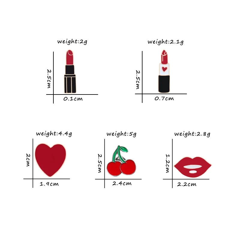 Fashion Cartoon Brooch Red Lipsticks Cherry Heart Enamel Pins Women Corsage Dress Badges Make Up Jewelry Girl Accessories Gifts