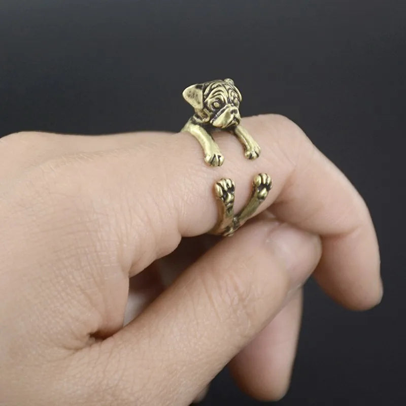 New Vintage Doho Tiny Pug Dog Ring Men Hippie Brass Knuckle Animal Anillos Love Puppy Anel Rings For Women Girls Fashion Jewelry