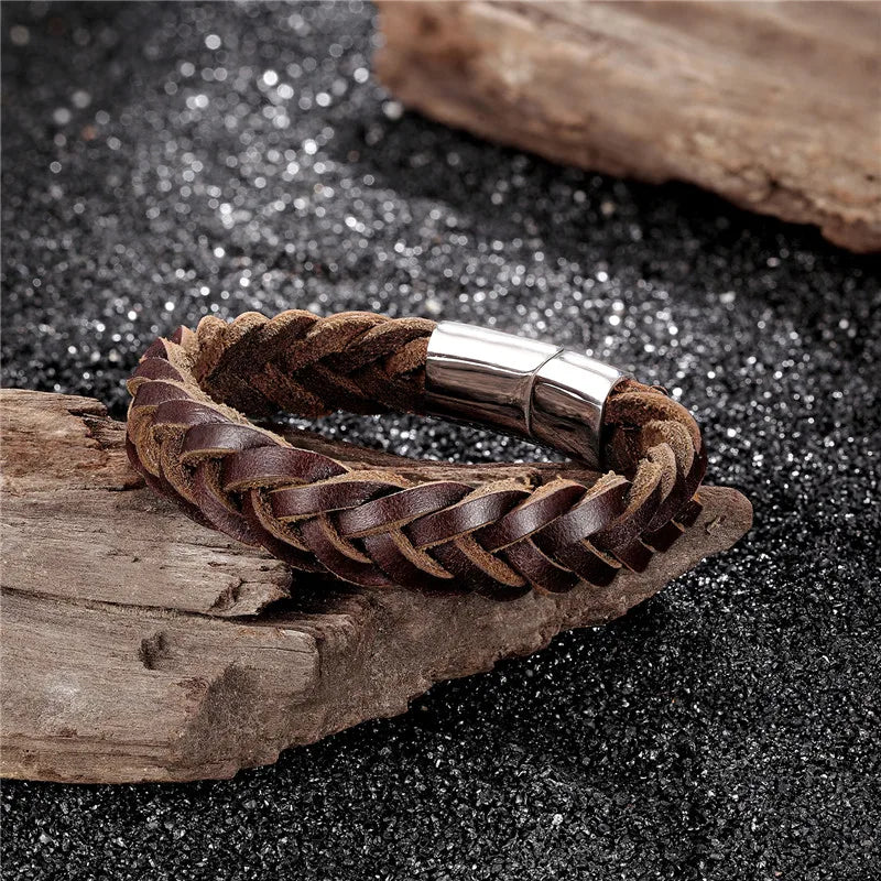 MKENDN 2021 Fashion Stainless Steel Chain Genuine Leather Bracelet Men Vintage Simple Male Braid Jewelry for women - Madeinsea©