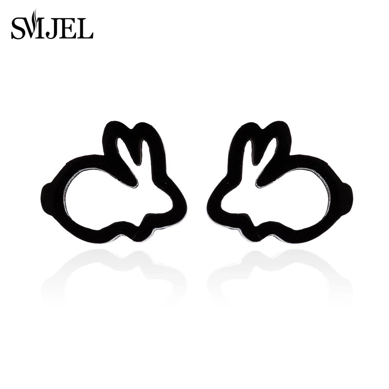 SMJEL New Stainless Steel Black Earrings Rabbit Women Girls Ear Jewelry Cute Animal Bunny Piercing Earring Post Gifts
