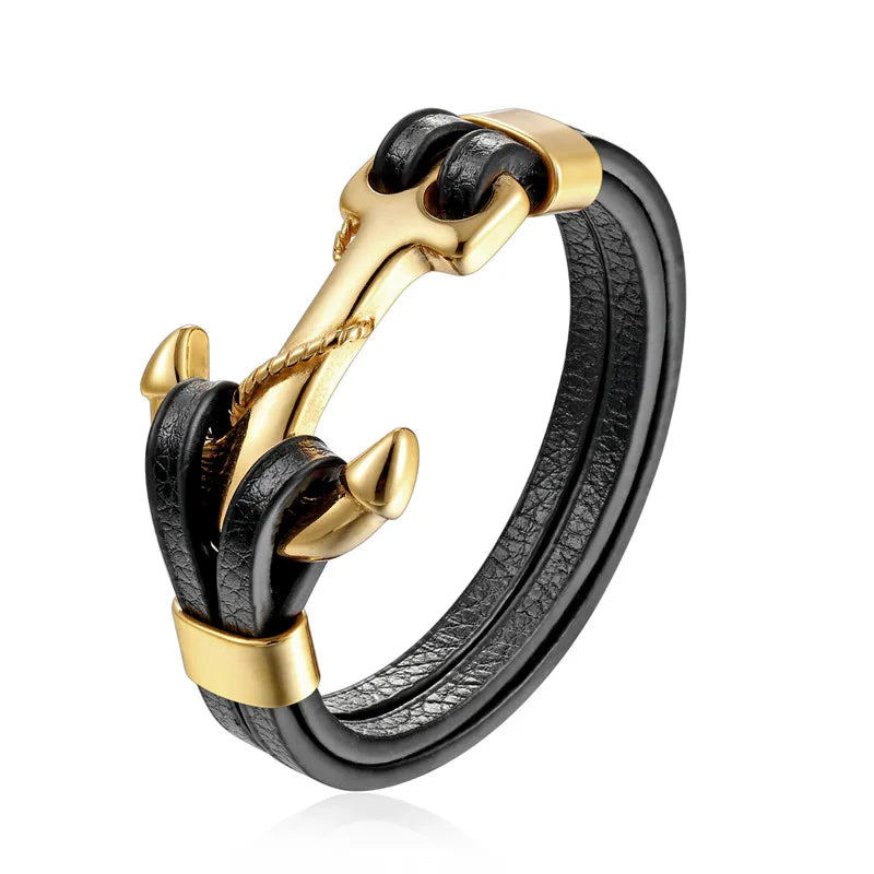 YIZIZAI Genuine Leather Anchor Bracelet Men Lion Double Wolf Shackles Stainless Steel Charm Bracelets Wristband Fashion Jewelry - Madeinsea©