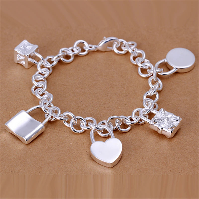 DOTEFFIL 925 Sterling Silver Bracelet Heart / Circle / Square Lock Bracelets Bangles Woman Man Fashion Charm Wedding Jewelry