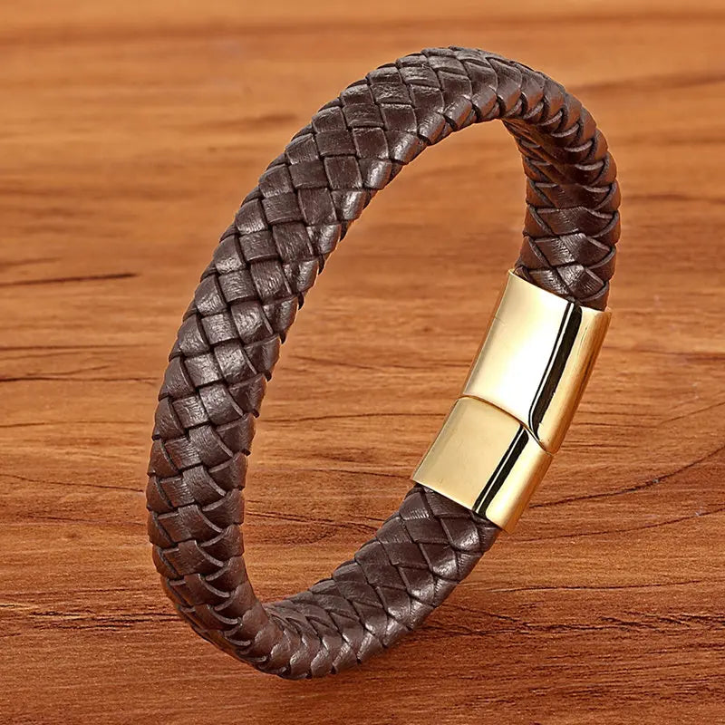 TYO Classic Top quality Stainless Steel Gold Color Magnetic Clasp Brown Woven Real Leather Bracelet Man Boys Birthday Gifts