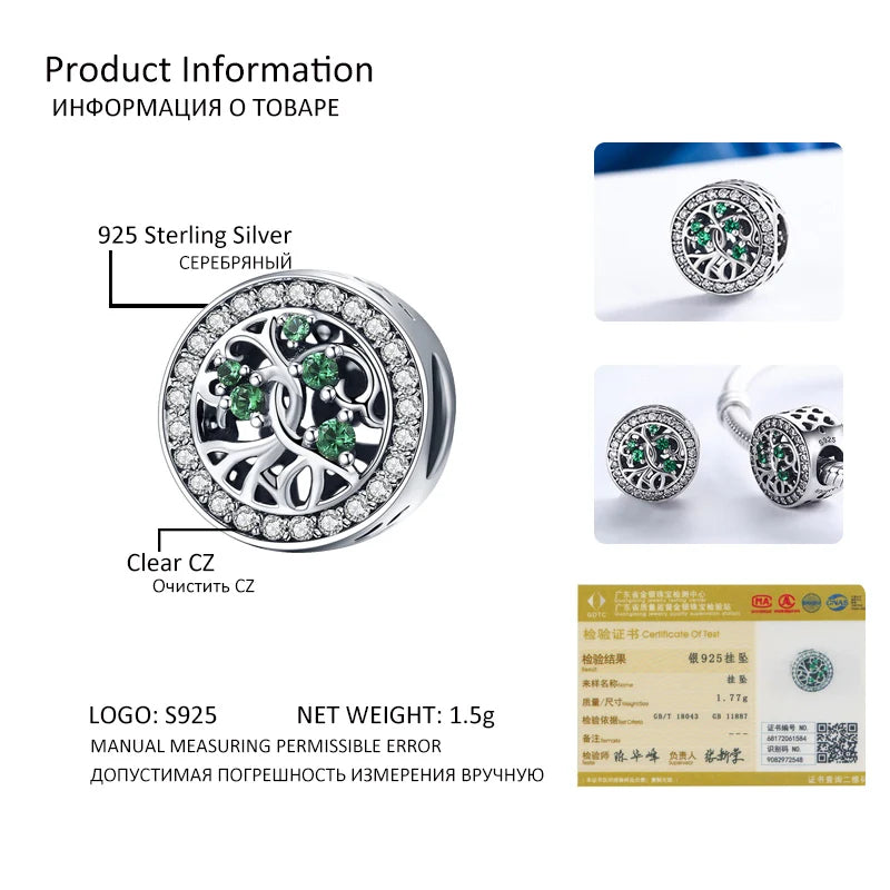 BISAER 100% 925 Sterling Silver Tree Of Life Charms Beads Life Family Fit Women Original DIY Bracelet Necklace Fine Jewelry Gift